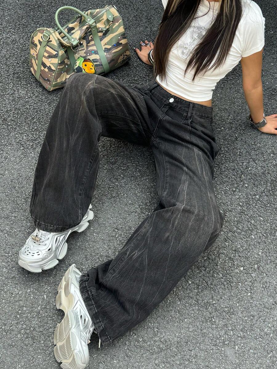 街头斜插口袋水洗做旧宽松阔腿牛仔裤，休闲日常外出百搭春夏女装 - 黑色 - 查看 1