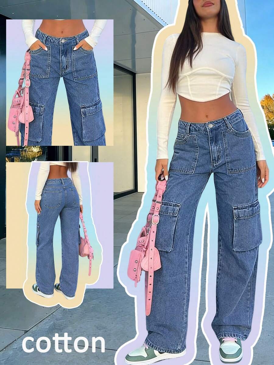 Women's Medium Blue Practical Utility Cargo Jeans - Loose Wide Leg, Multi-Pocket Design, Y2K Style Streetwear Denim Pants - Dark Wash - View 1