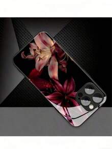 1个优雅百合花图案玻璃材质手机壳，高端大气，适用于，钢化玻璃材质 - 黑色 - 查看 3