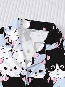 2pcs Cartoon Cat Print Tween Girl Pajama Set, Cute & Comfortable Children Sleepwear Outfit, Flame Retardant Collared Shirt & Elastic Waist Shorts, Suitable For Loungewear, Party, Holiday - Multicolor - View 3