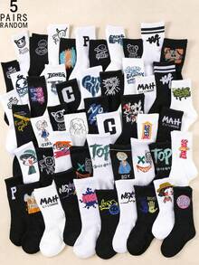 1/3/5/10/20 双装随机男士字母、涂鸦、机器人印花透气吸湿中筒袜，欧美街头风格