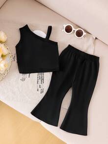 2件套女婴优雅吊带黑色背心+裤子套装，春夏款 - 黑色 - 查看 2