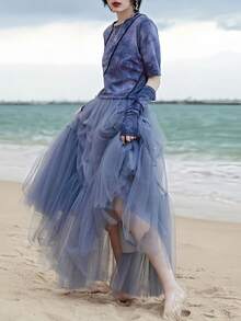 1pc Women's Long Tulle Puff Skirt, Elastic Waist, High-End Style Valentine's Day Accessories - A - View 8