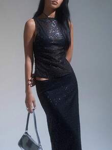 Women's Sequin Tank Tops Slim Fit Sheer Knitted See Through Tops Crew Neck Sparkly Camisole Vest Glitter Crop Tank Stylish Solid Color Casual Sleeveless Vest Y2K Teen Girl Going Out Mesh Party Shirt Streetwear Rave Outfits Suitable For Birthday/Dating/Daily Shopping/Concert/Brunch/Airport Outfit Valentine Clothes - màu đen - Xem 5