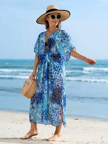 女士度假印花沙滩罩衫系带开衫防晒霜 - 彩色 - 查看 1