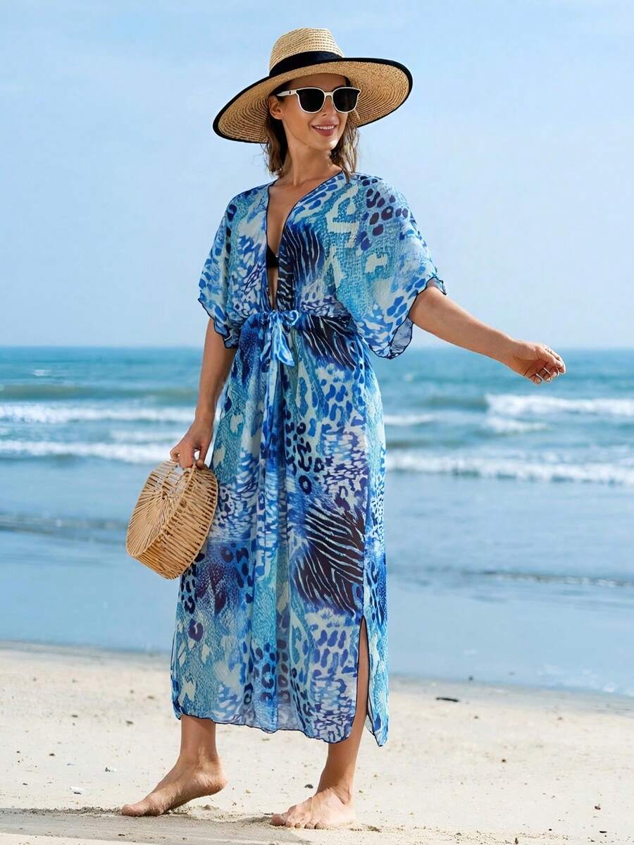 女士度假印花沙滩罩衫系带开衫防晒霜 - 彩色 - 查看 1