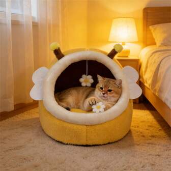  HOLLYPET 1pc Yellow Bee Shaped Soft & Cozy Warm Pad, Removable & Plush Pet Bed Suitable For Small Cats & Dogs, All Season