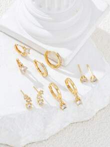 6/10件套女士时尚简约仿珍珠铜耳环套装，低过敏性，小巧圆环设计，轻盈迷你，适合多个耳洞佩戴，是约会、派对、婚礼、节日、情人节、斋月、生日、日常佩戴的理想之选。 - 金色 - 查看 7