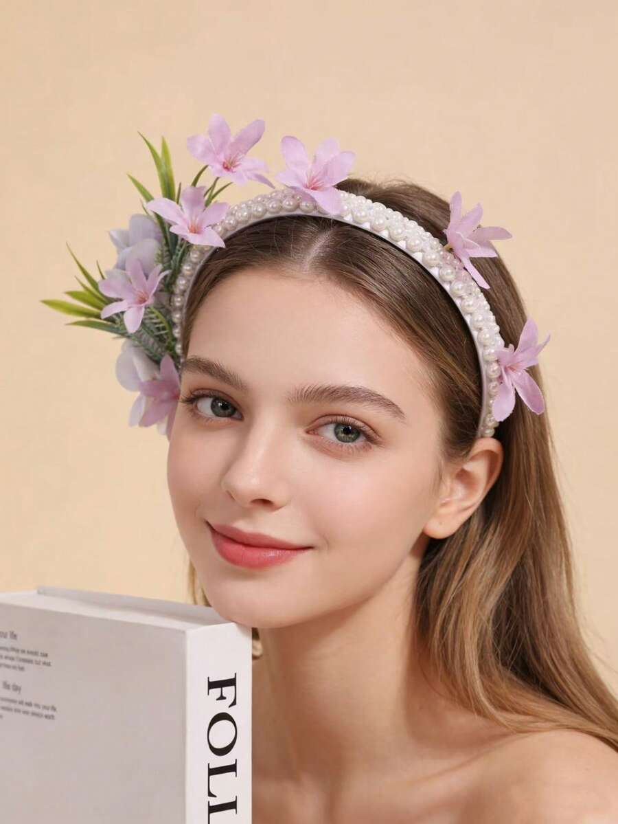 1pc New Pearl Headband, Handmade Braided Knot Crown Headpiece, Bridal Hair Accessories Valentine's Day Accessories - 22357 Purple - View 1