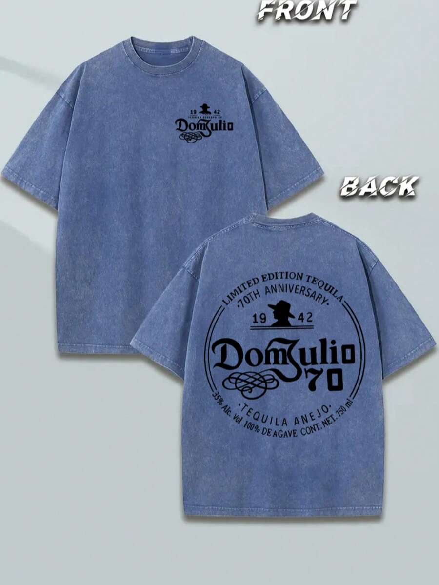Men Shirts Graphic Tee Cotton T Shirt, 100 Percent Cotton Tops Streetwear Y2K, Shirts For Men Summer Outfits Summer Clothes, 230G Washed Soft Knitted Loose Fit Dom Julio 70th Anniversary Print T Shirts - 寶藍色 - 查看 1