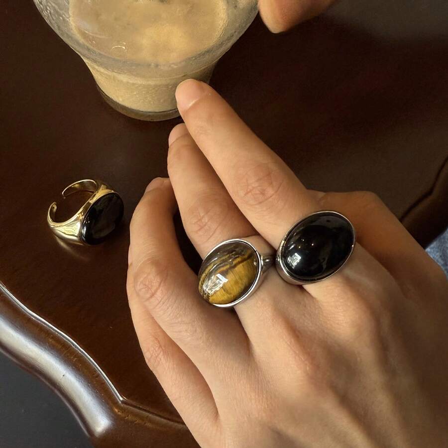1 Piece Oval Ring High-End Elegant Vintage Versatile Open Ring - Gold Obsidian Ring - View 1