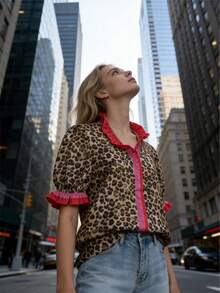 Women's Leopard Print Puff Sleeve Blouse – Red Contrast Ruffle Trim Top, Soft Lightweight Fabric, V Neck Button Down Shirt, Stylish Animal Print Design For Spring Summer Fashion, Valentine's Day Or Holiday Gift For Her - Màu Khaki - Xem 2