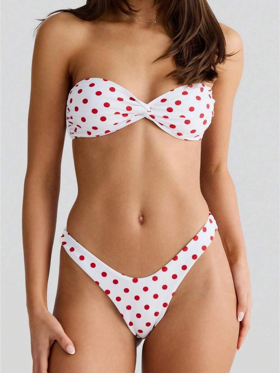 Women Y2k Bikini Set Polka Dot Print Strapless Bra Bandeau Top With High Cut Briefs Bathing Suit 2-Piece Swimsuit Beach Vacation Beachwear - Nhiều màu - Xem 1