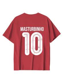 純棉男紅色T卹，復古做舊數字10印花與'MASTURBINHO'字樣設計，足球休閒風格，適合春夏季穿著，柔軟舒適日常度假休閒百搭 - 紅色 - 查看 3