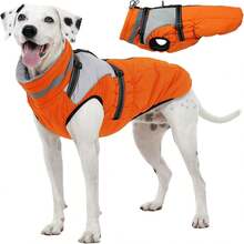 1pc Dog Jacket, 2-In-1 Built-In Leash Dog Coat, Winter Waterproof Small Dog Down Jacket Snow Suit, Suitable For Small/Medium/Large Dogs, Cold Weather Reflective Pet Fleece Hunting Vest With Zipper - Orange - View 9