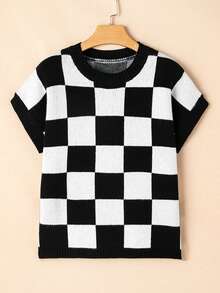 CILKOO Casual Round Neck Contrast Plaid Pattern Short Sleeve Wool Sweater Vest - Black - View 1