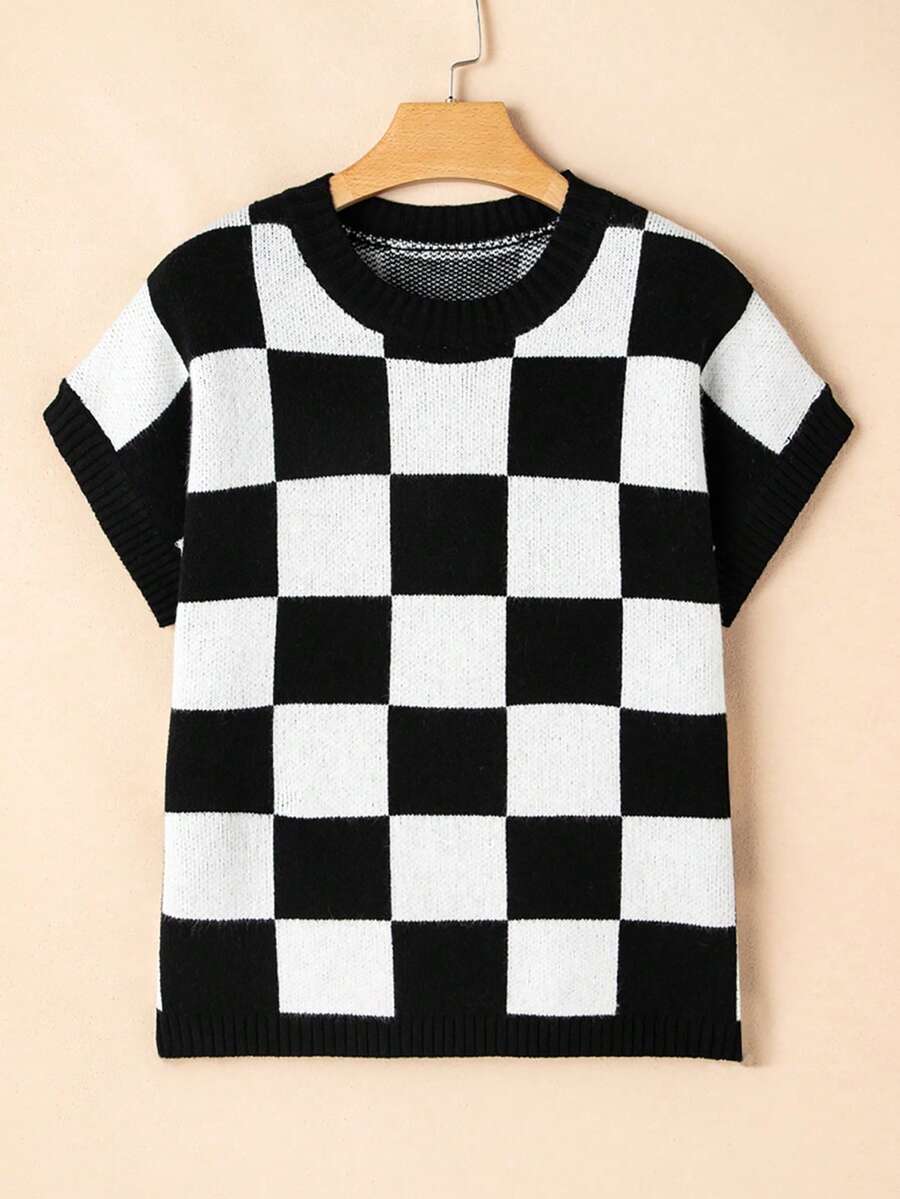 CILKOO Casual Round Neck Contrast Plaid Pattern Short Sleeve Wool Sweater Vest - Black - View 1