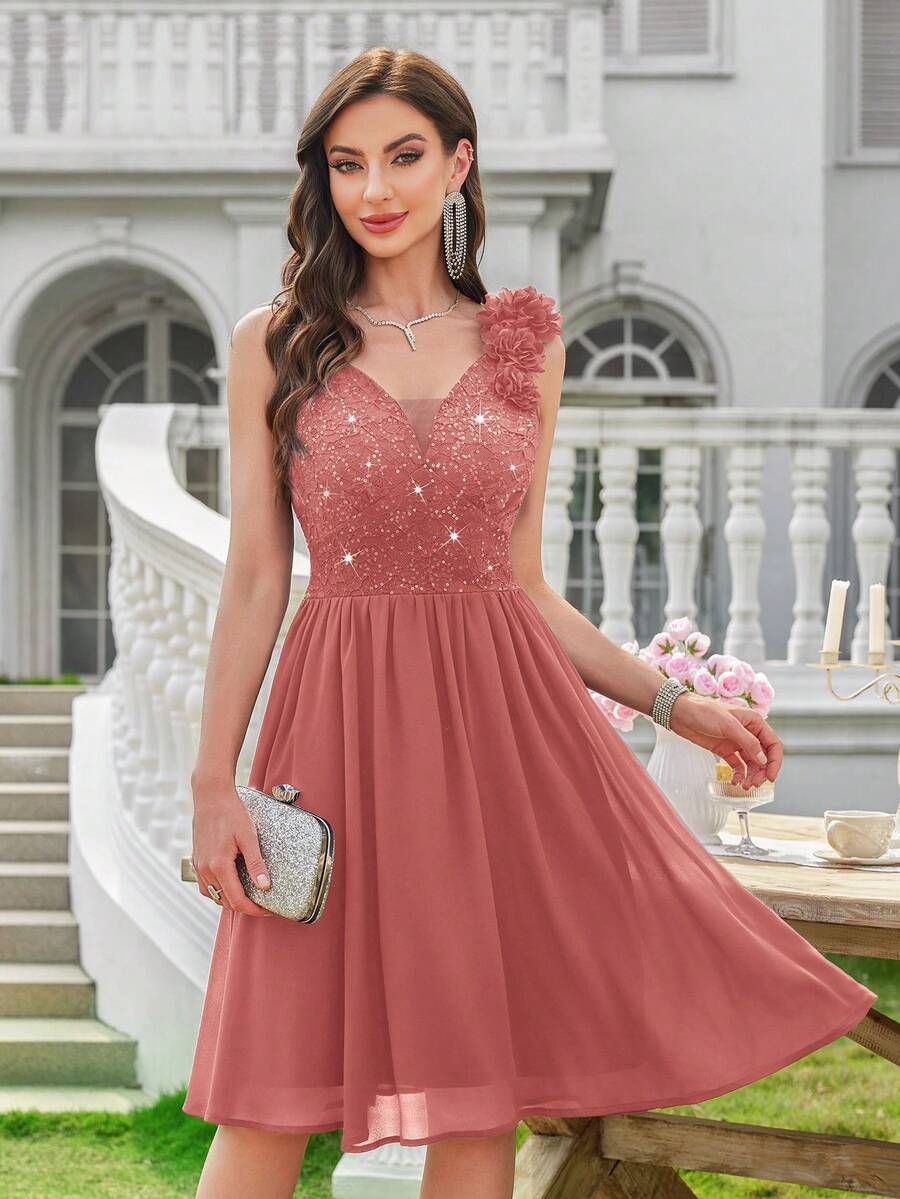 MIUSOL Deep V-Neck Sequin Floral Lace Sleeveless Ruffle Hem Chiffon Cocktail Party Swing Dress