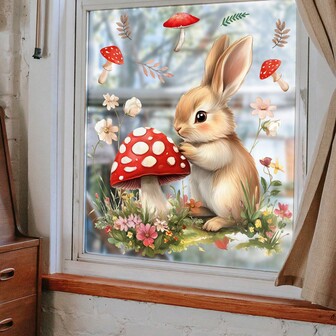 1片可爱兔子、蘑菇和花朵图案窗贴，可移除静电吸附贴纸，适用于复活节卧室、客厅、阳台和橱柜窗户装饰