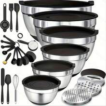 TAIMASI Mixing Bowls With Airtight Lids Set, 26PCS Stainless Steel Khaki Bowls With Grater Attachments, Non-Slip Bottoms & Kitchen Gadgets Set, Size 4.5, 3.6, 2.7, 2.1,1.7, 1.1QT, Great For Mixing & Serving - 黑色 - 查看 9