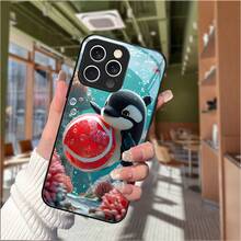 Funda de teléfono de vidrio templado con diseño de pequeño delfín sosteniendo una pelota, coral, pez pequeño, dibujo animado, rojo y azul, linda y animada para iPhone 16 15 14 13 12 11 Plus Pro Max 5G - Colores mixtos - Ver 6