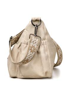 Bolso bandolera de mujer de unicolor con múltiples bolsillos, mochila de tela suave para mediana edad, nuevo estilo de primavera/otoño con decoración metálica, bolso de hombro sencillo - Blanco - Ver 7