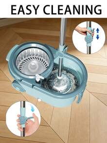 Sistema de trapeador y cubo con giro de 360°, 3 recambios de microfibra y mango extendido - Trapeador de autolimpieza sin manos para una limpieza de pisos sin esfuerzo en la cocina y el baño, artículos esenciales para el hogar - Azul menta - Ver 6