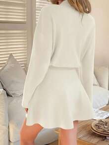 Conjunto de Vestido Corto y Top de Manga Larga para Mujer, Estilo Casual de Vacaciones, Ideal para Otoño e Invierno - Blanco - Ver 2