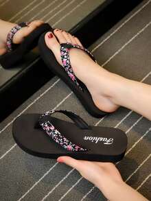 2.5cm Wedge Heel Women's Flip Flops With Printed Straps, Fashionable And Versatile Daily Casual Shoes, Eva Platform With Thick Sole For Comfortable Outdoor Beach Sandals Valentines - Black - View 15