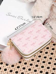 Avec un pompon, portefeuille polyvalent à motif nœud rose et amour, porte-cartes à double fermeture éclair, organisateur de cartes multi-cartes pour ranger les cartes de crédit - Rose bonbon - Voir 8