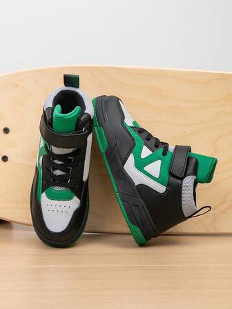 1 par de zapatillas de caña alta para niños, de piel sintética (PU), para uso interior/exterior, calzado casual y de running, fácil de poner, ligero, antideslizante, transpirable, cómodo, estilo escolar de moda para niños y niñas