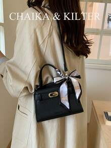 新款夏季荔枝纹女士手提包，时尚可调节肩带斜挎包，简约纯色高端金属装饰单肩通勤包 - 黑色 - 查看 7