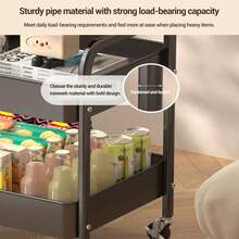 3 Tier Metal Rolling Cart With Wooden Tabletop, Metal Rolling Kitchen Island Cart, Utility Cart Vegetable Storage Rack With Lockable Wheels For Kitchen, Office, Living Room, Bedroom - 黑色 - 查看 2