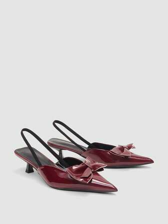 女士酒红色高跟鞋，4厘米猫跟，适合派对和正式场合，套脚式无后跟尖头高跟鞋，蝴蝶结松紧带