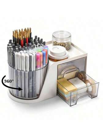 1pc Rotating Storage Box With 2 Drawers, Suitable For Bathroom, Vanity, Desk, Can Store Cosmetics, Stationery, 4 Compartments For Easy Organization, Ideal For Back To School, Christmas, Birthday Gifts, White