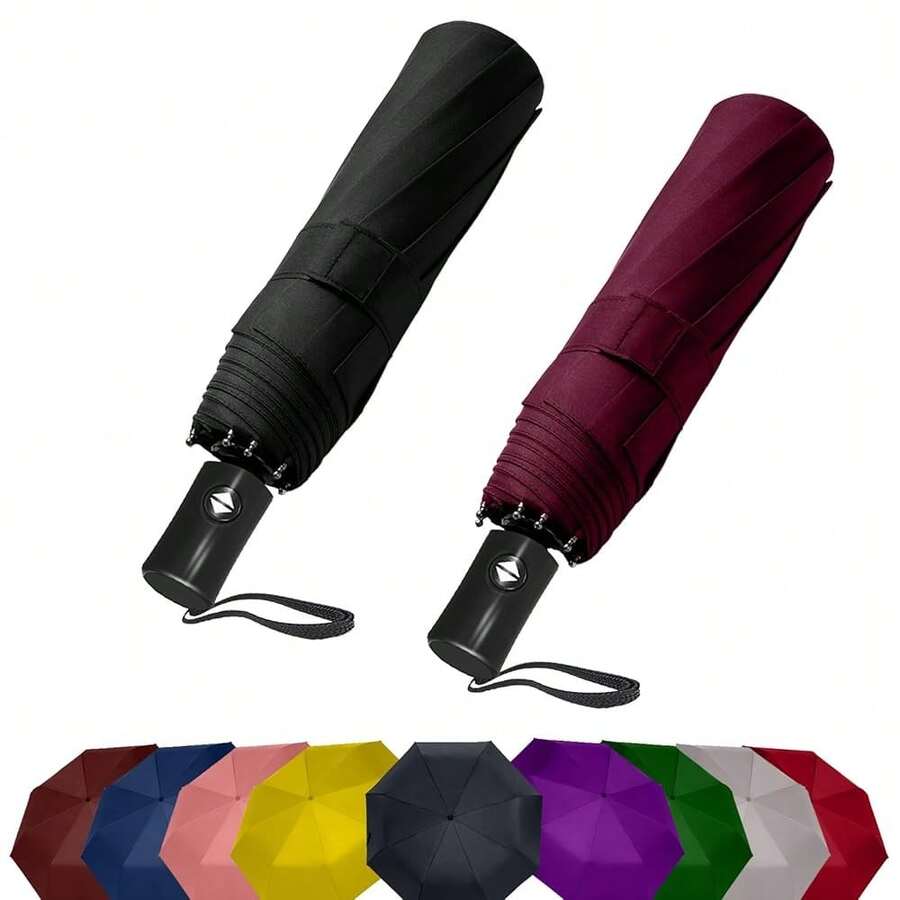 Two Packs Auto Open & Close Small Travel Umbrella Compact For Backpack-Umbrellas For Rain, Lightweight Strong Mini Portable Umbrellas For Men And Women. (Black & Wine Red, 2 Pack),42Inch-2Packs,Black&FWineredss - 黑酒紅色 - 查看 1