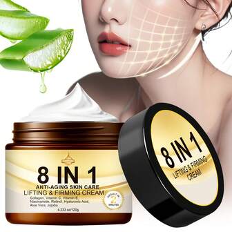 8合1抗衰老提拉紧致霜，抚平干燥肌肤，提升光泽和弹性，蕴含胶原蛋白、烟酰胺、视黄醇、透明质酸、芦荟，深层补水保湿，减少干燥。