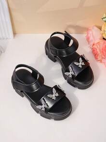 1 Pair Kids Black Rhinestone Butterfly Platform Sandals - Open Toe, Ankle Strap, Non-Slip Chunky Sole, Cool Casual Summer Party/Daily Shoes - Black - View 2