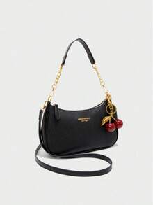 New Fashion Classic Versatile PU Waterproof Fabric M Letter Pattern Shoulder Bag, Printed Design Metal Chain Decoration Design French Baguette Bag, Women's Shoulder Bag Suitable For Shopping. Commuting, Travel Use - màu đen - Xem 2