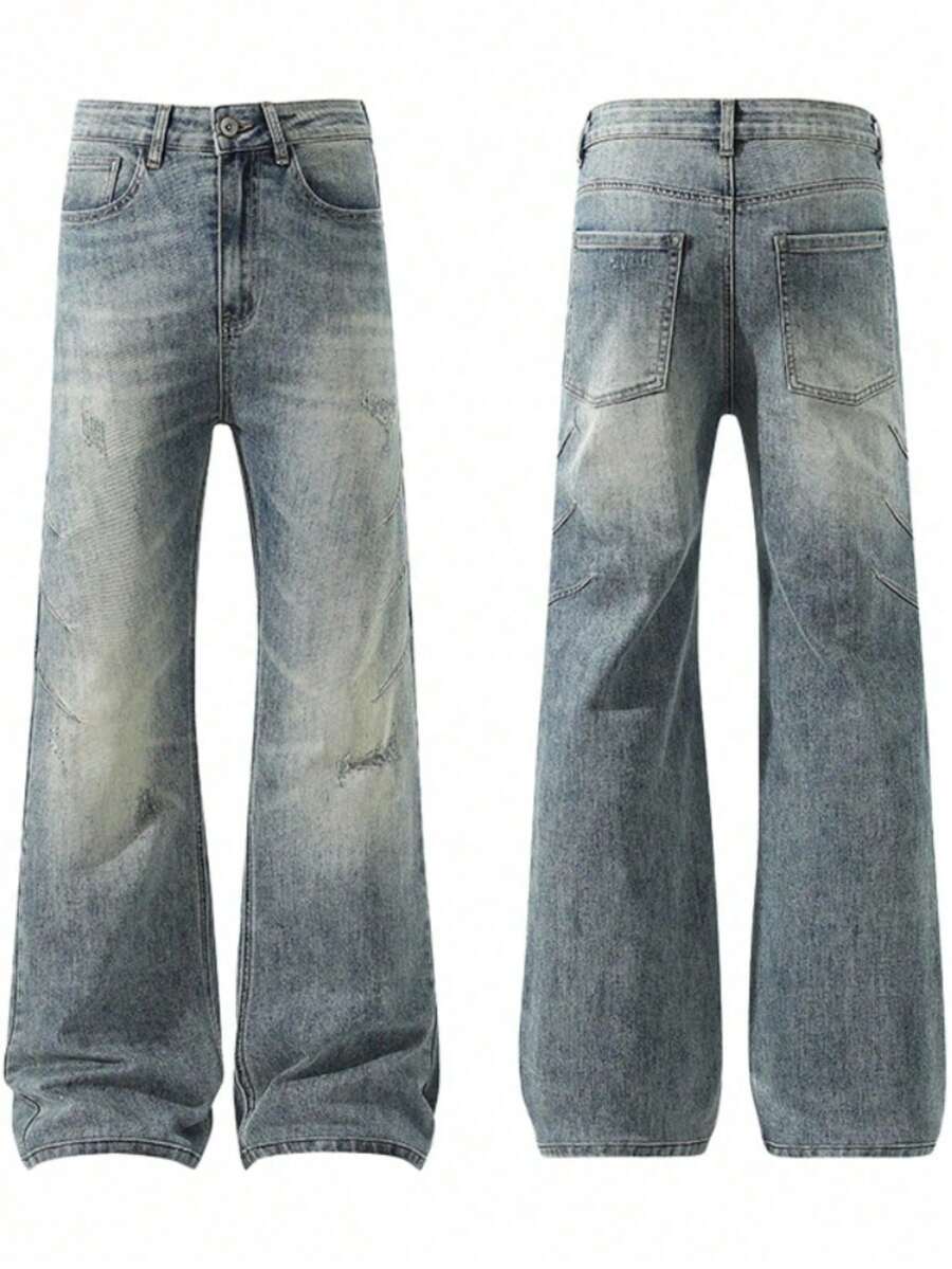 Jeans Masculinos de Estilo Urbano con Acabado Envejecido y Desgaste Natural, Silueta Straight Leg Relajada y Denim Suave Ideal para el Uso Cotidiano - Azul - Ver 1