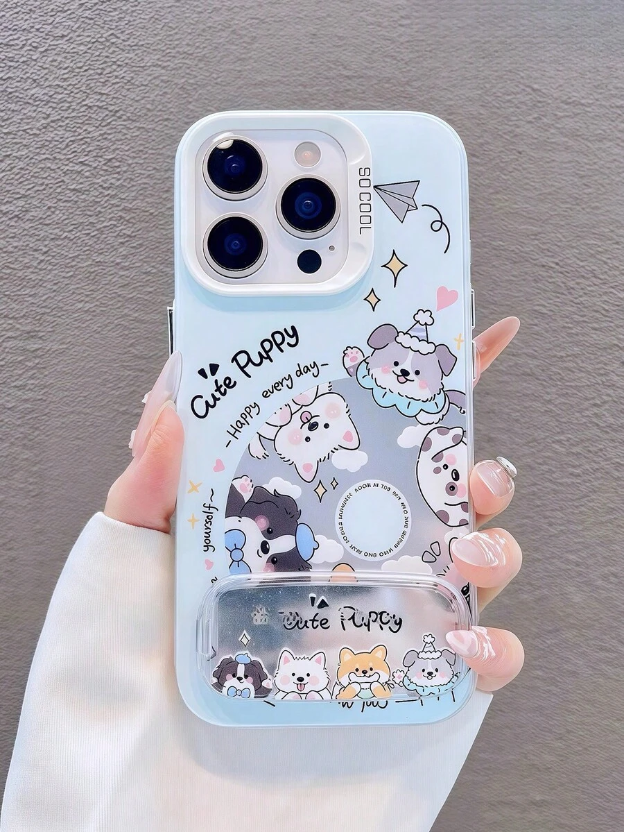 1pc White Colorful Silver Cute Cartoon Phone Case With Blue Animal World Pattern & Invisible Kickstand Suitable For IPhone11/12/13/14/15/16/17/PROMAX - Baby Blue - View 1