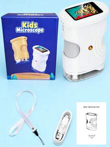 儿童便携式显微镜，手持式显微镜，4-8岁小小科学家的完美礼物，数码显微镜尺寸为5.94英寸 x 3.46英寸，迷你口袋数码显微镜，适合儿童和成人，3-8岁儿童科学实验套装，配备2.0英寸IPS屏幕和8个可调节LED灯。