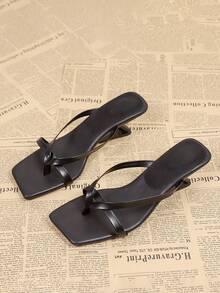 女士方头高跟人字拖，黑色休闲夏季拖鞋 - 黑色 - 查看 2