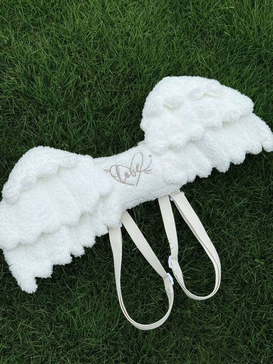 Korean Style Casual Fashion Versatile Highly Attractive Sweet Cute Angel Wings Outfit Embroidered Letter Heart Angel Wings Asymmetric Backpack Large Capacity Outdoor Shopping Backpack - White - View 1
