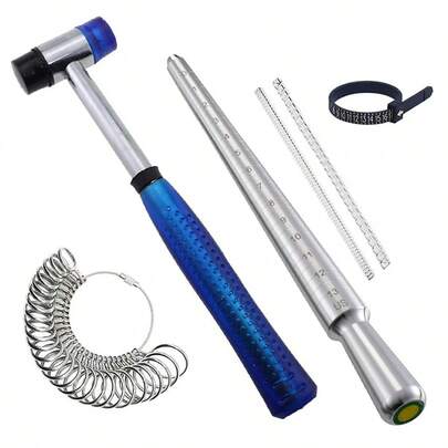 ชุดเครื่องมือวัดขนาดแหวนใหม่ ประกอบด้วยเครื่องวัดขนาดแหวน US ขนาด 0-13 แบบโลหะ, แท่งวัดขนาดนิ้วแหวนขนาด 1-17, ค้อนซิลิโคนสำหรับเครื่องประดับ เหมาะสำหรับวัดและซ่อมแซมแหวนงอสำหรับผู้ชายและผู้หญิง