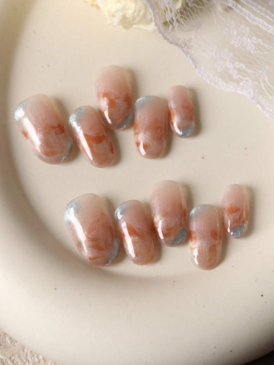 10pcs Acrylic Press On Nails Blue Cat Eyes Brown Halation Fake Nails Short Office DailyWear False Nails Artificial Nails Kit Includes 1sheet Adhesive Tabs &1 Pc Mini File - Multicolor - View 1