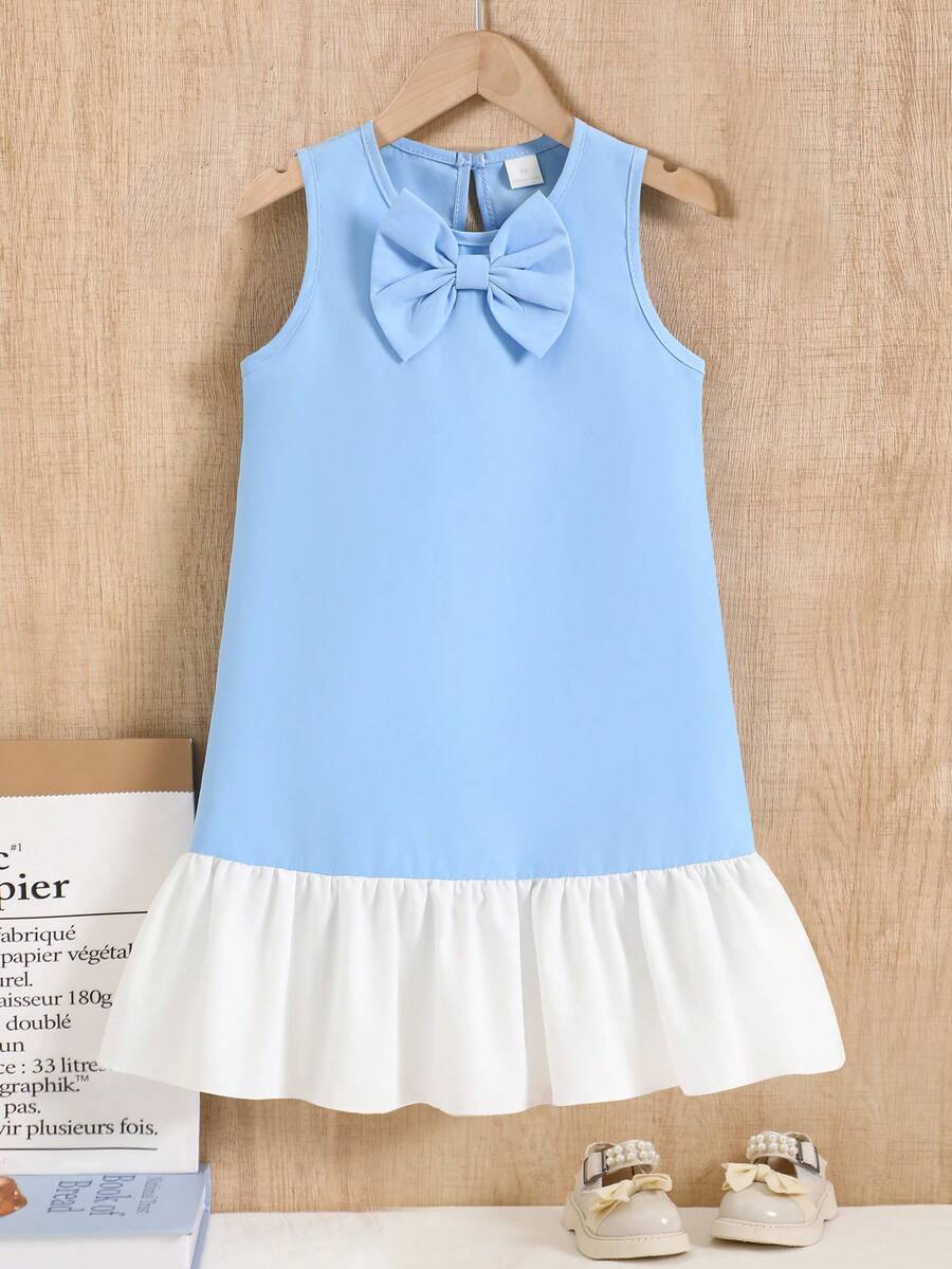 Đầm hè cho bé gái, đầm không tay phối bèo nhún dễ thương và ngọt ngào, kiểu dáng thường ngày. - Màu xanh nhạt - Xem 1