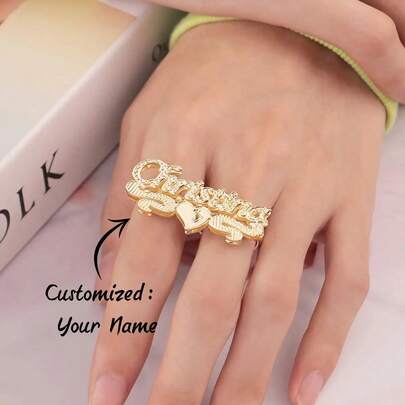 Custom Name Double-Layer Flower Heart Ring, Personalized Double Name Ring, Birthday Anniversary, Gift For Friends, Classmates, Graduation, Christmas