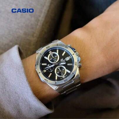  CASIO Men's Sport Watch, 47mm Cushion Case Stainless Steel, Black Dial, Fold Clasp, 100M Water Resistant EFV-640D-1A