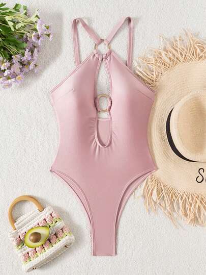 2026新款欧美时尚性感连体泳衣，纯色休闲可爱优雅性感针织面料镂空挂脖沙滩派对度假单人旅行